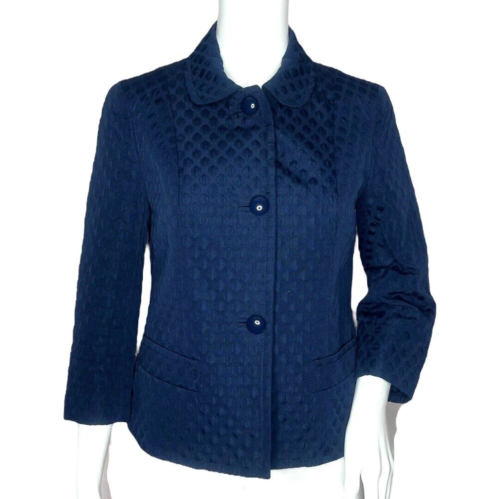 Talbots Blazer Womens 2 Navy Blue Quilted Polka Dot Retro Boho Preppy Old Money